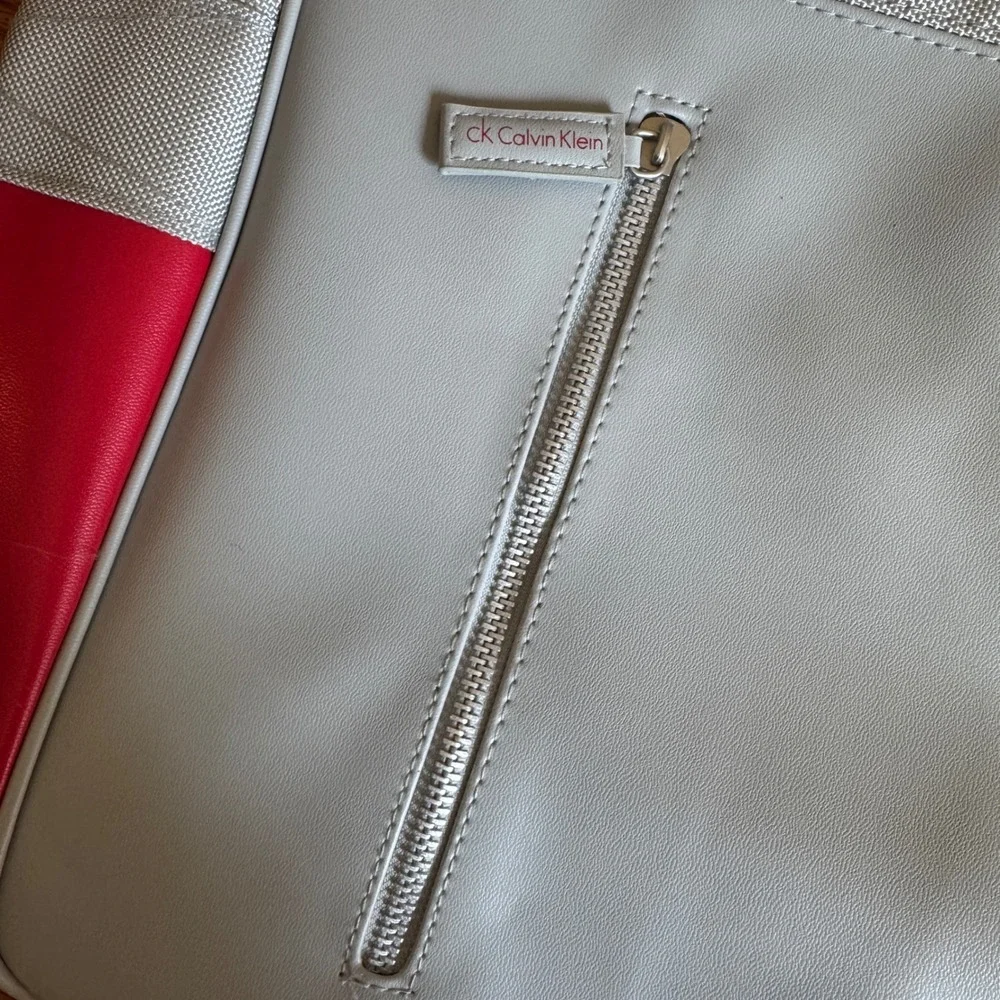 Calvin Klein CK Grey and Red Colorblock Duffel Travel Bag with‎ Shoulder Strap